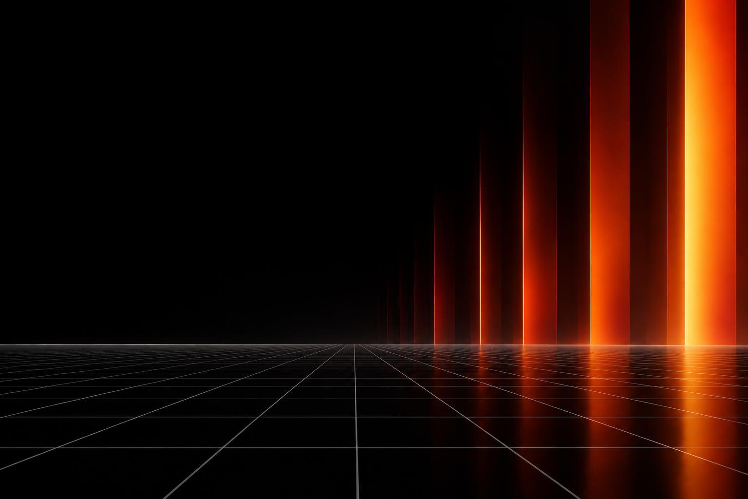 Illuminated orange columns rising above a digital grid